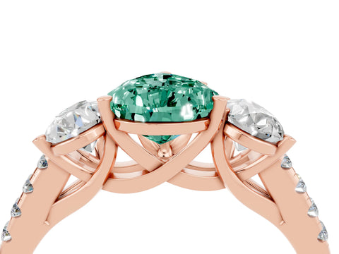 Rose gold Three-Stone Pear Cut Green Sapphire Ring with Pavé Band and Prong Setting_16