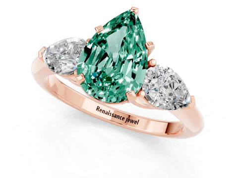Rose gold Three-Stone Pear Cut Green Sapphire Ring with Pear Side Stones and Four-Prong Setting_1