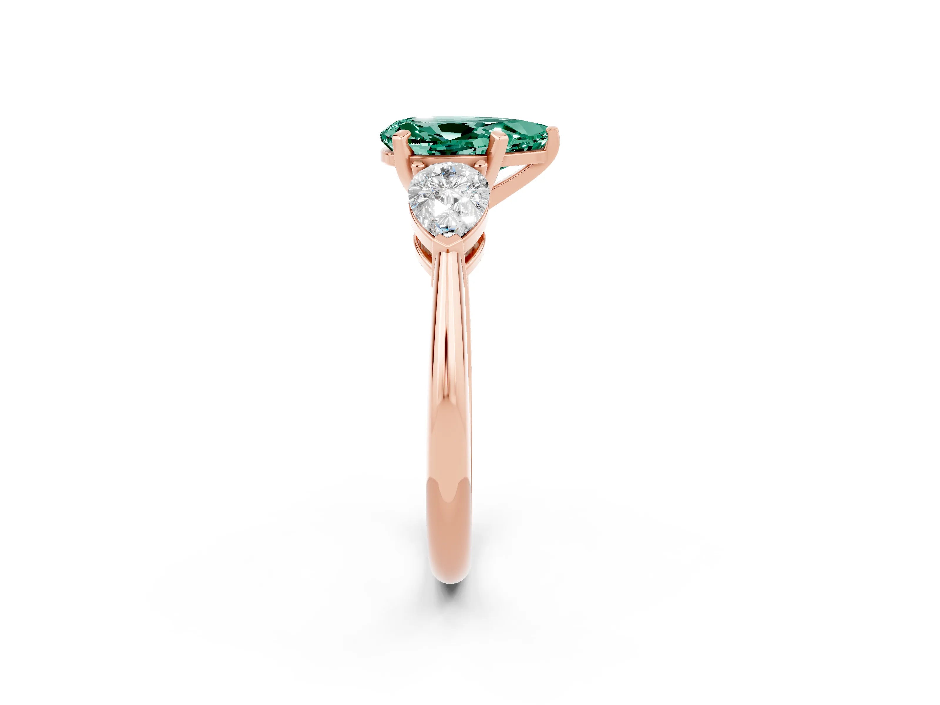 Rose gold Three-Stone Pear Cut Green Sapphire Ring with Pear Side Stones and Four-Prong Setting_2
