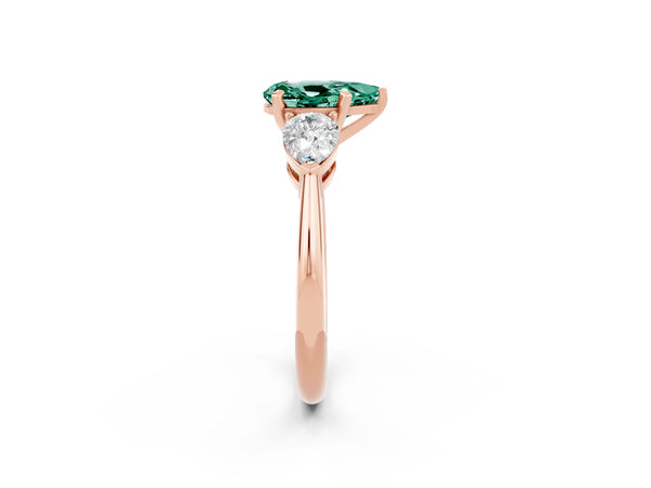 Rose gold Three-Stone Pear Cut Green Sapphire Ring with Pear Side Stones and Four-Prong Setting