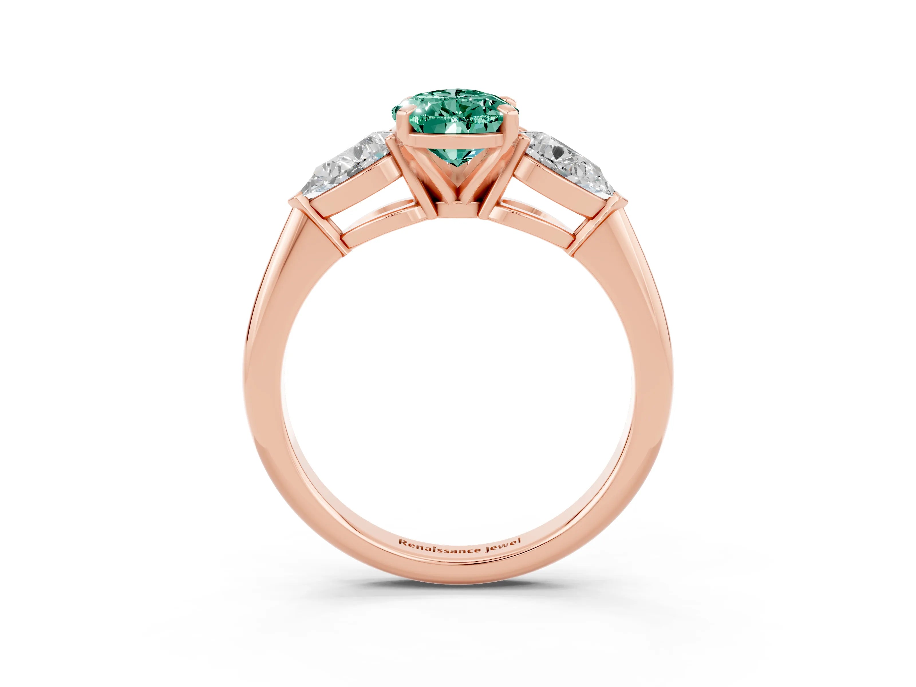 Rose gold Three-Stone Pear Cut Green Sapphire Ring with Pear Side Stones and Four-Prong Setting_3