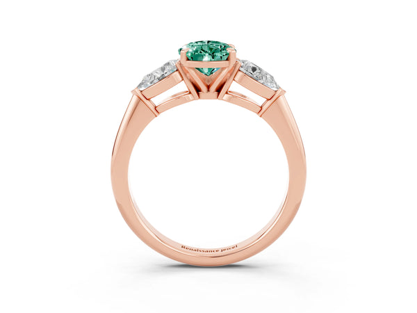 Rose gold Three-Stone Pear Cut Green Sapphire Ring with Pear Side Stones and Four-Prong Setting