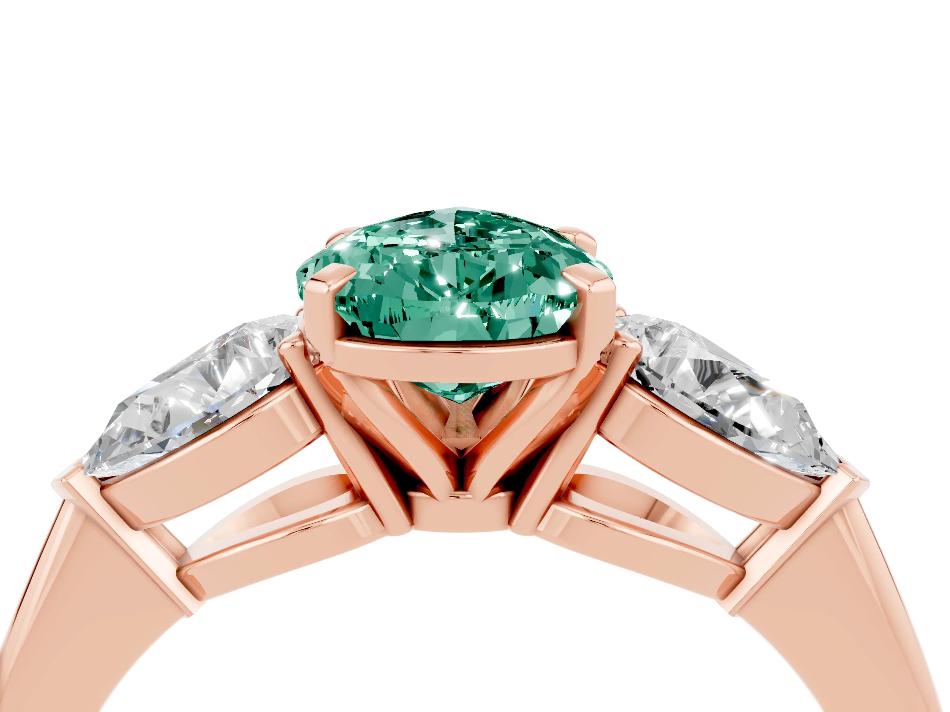 Rose gold Three-Stone Pear Cut Green Sapphire Ring with Pear Side Stones and Four-Prong Setting_4