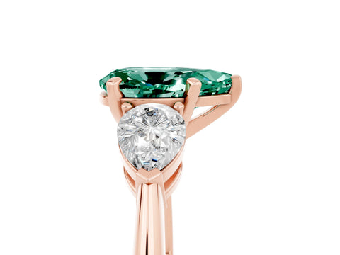 Rose gold Three-Stone Pear Cut Green Sapphire Ring with Pear Side Stones and Four-Prong Setting_5