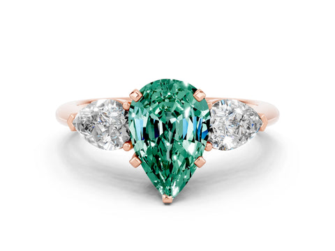 Rose gold Three-Stone Pear Cut Green Sapphire Ring with Pear Side Stones and Four-Prong Setting