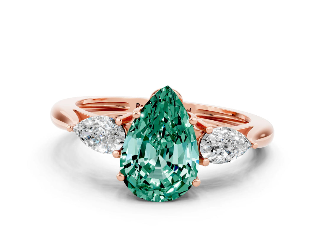 Rose gold Three-Stone Pear Cut Green Sapphire Ring with Pear  Side Stones in Four-Prong Setting_12