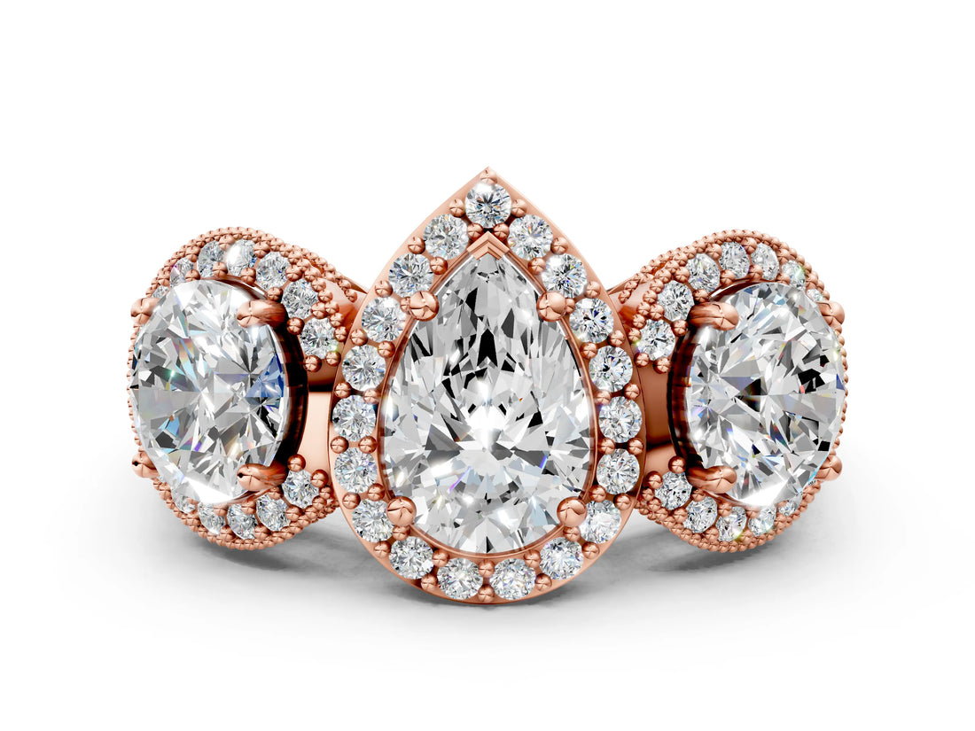 Rose gold Three-Stone Pear Cut Halo Diamond Milgrain Band with Four-Prong Setting_3