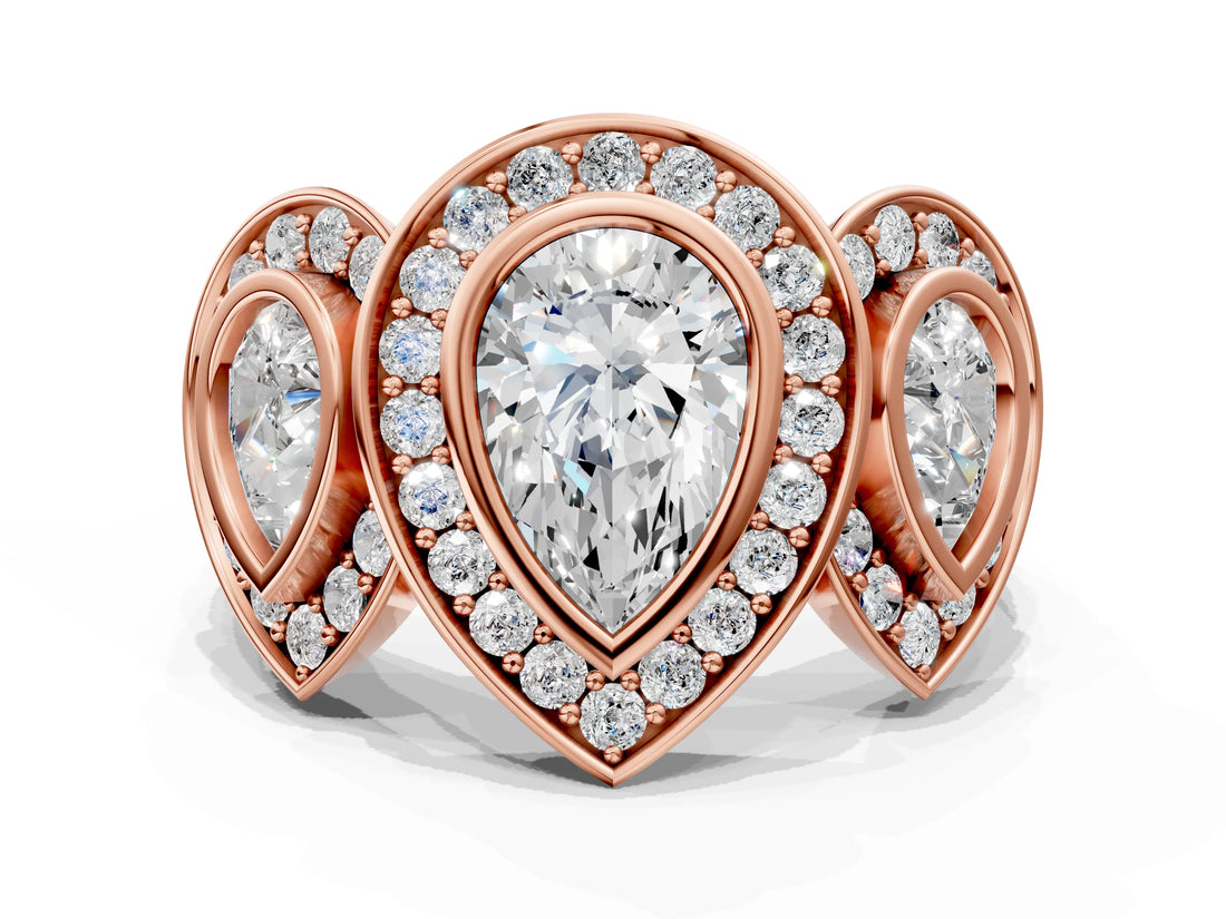 Rose gold Three-Stone Pear Cut Halo Pavé Diamond Ring_3