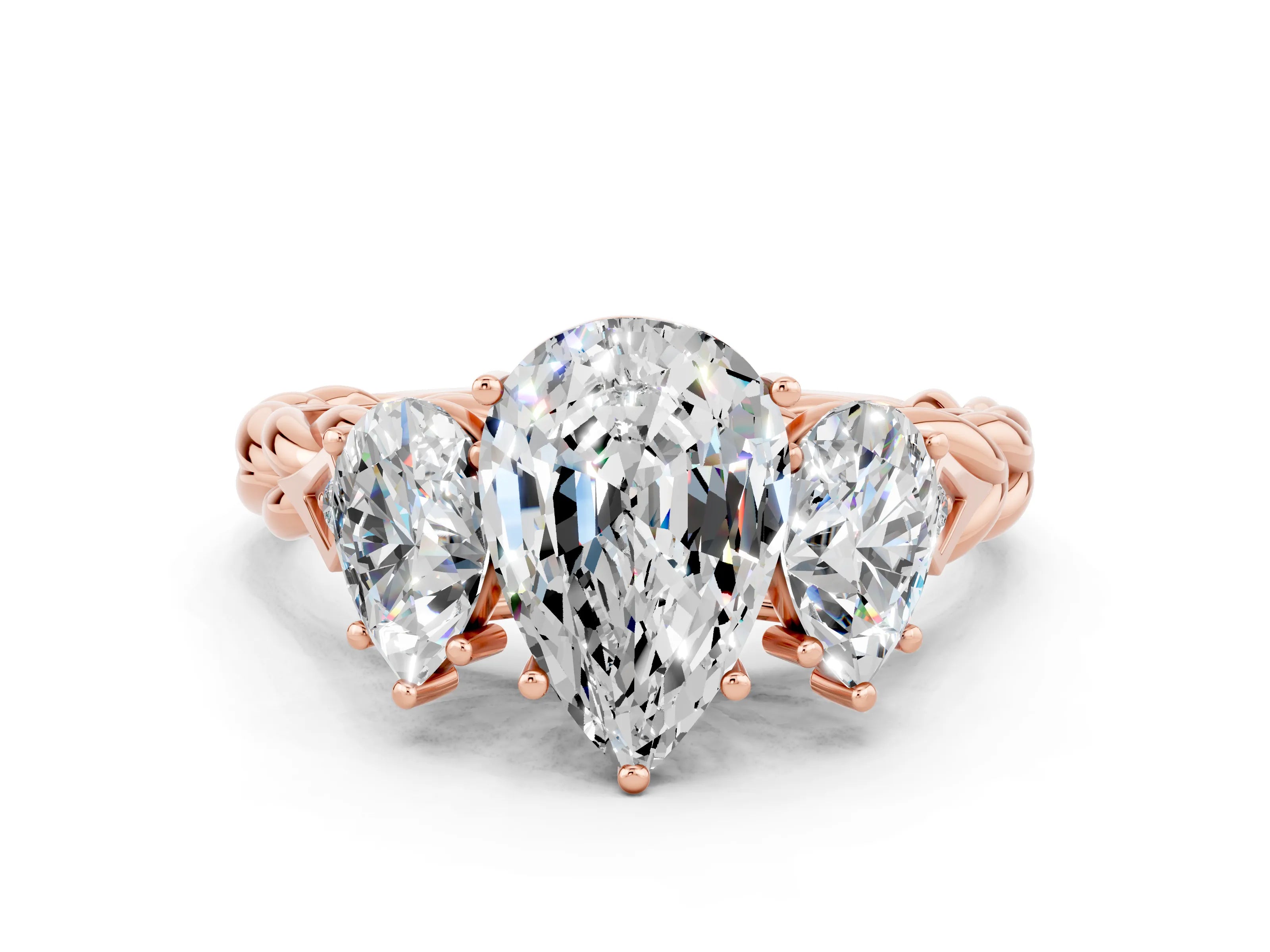 Rose gold Three-Stone Pear Cut Moissanite Braided Band Ring with Four-Prong Setting_12
