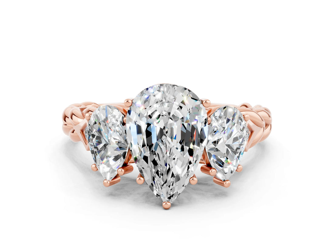 Rose gold Three-Stone Pear Cut Moissanite Braided Band Ring with Four-Prong Setting_12