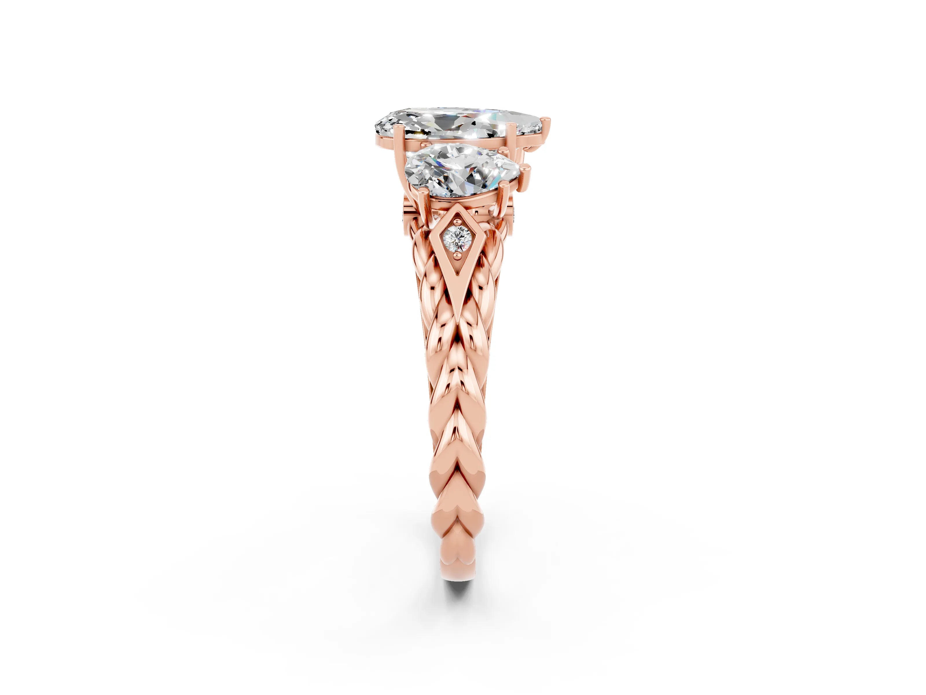 Rose gold Three-Stone Pear Cut Moissanite Braided Band Ring with Four-Prong Setting_14