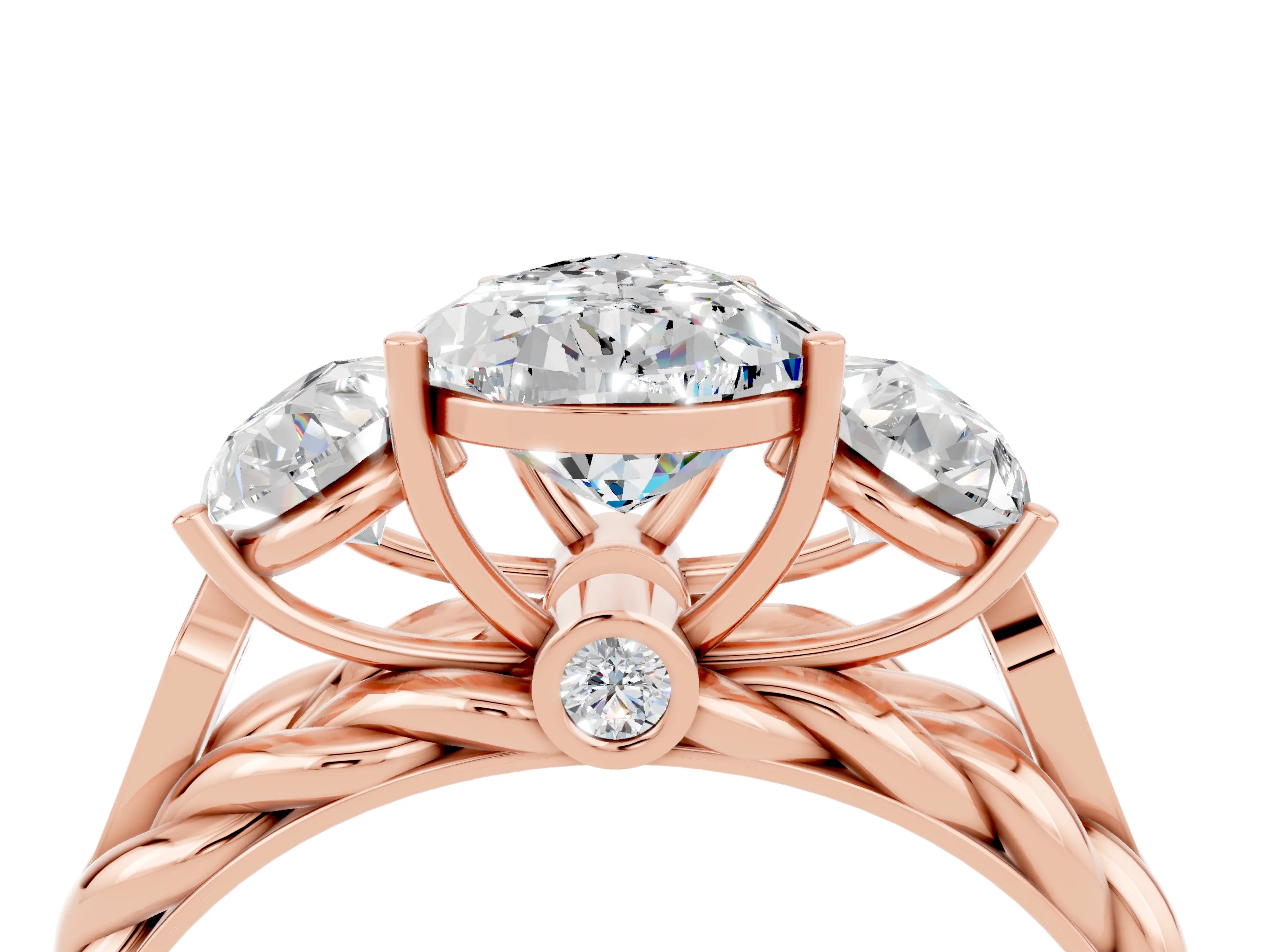 Rose gold Three-Stone Pear Cut Moissanite Braided Band Ring with Four-Prong Setting_16