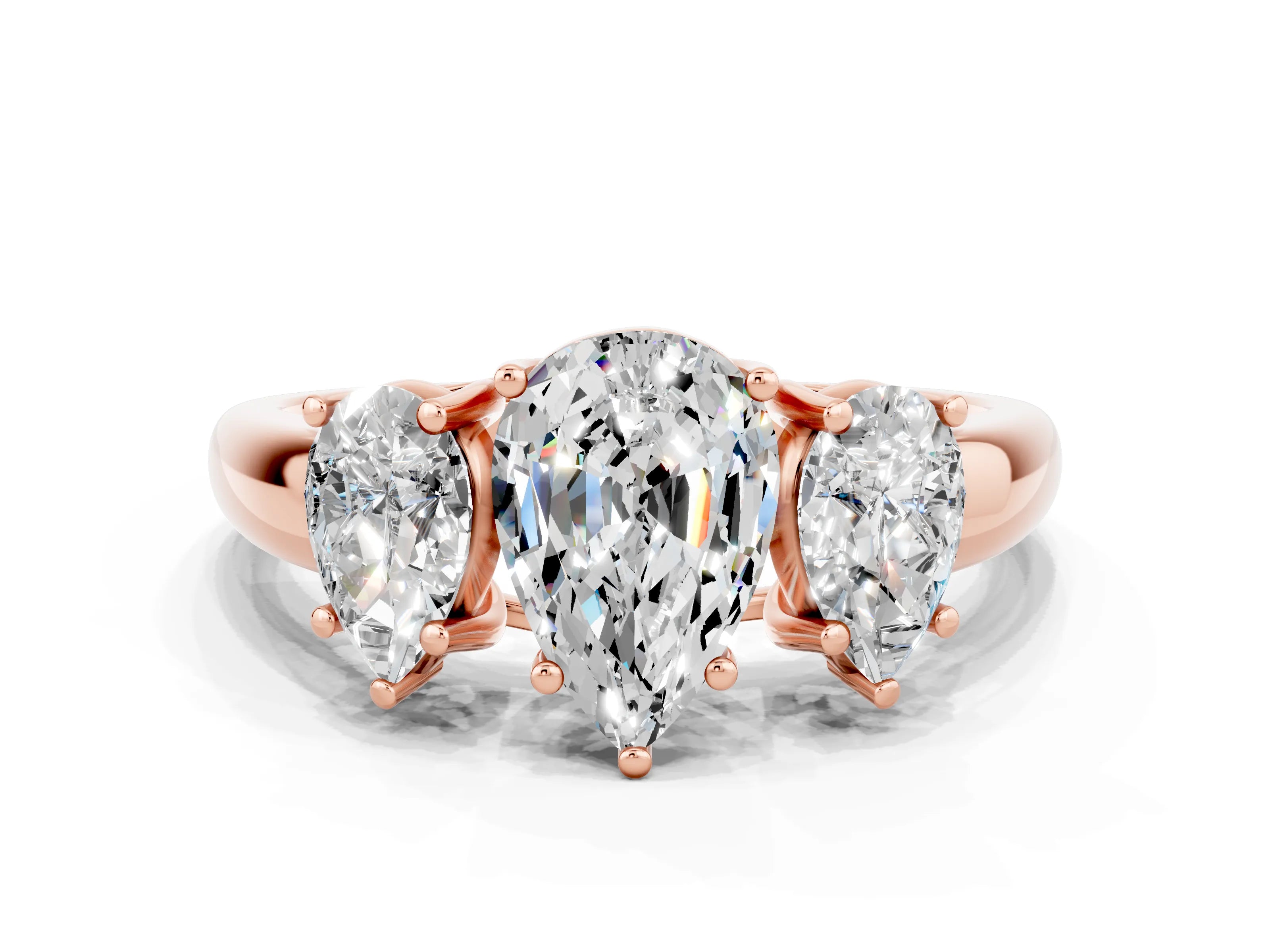 Rose gold Three-Stone Pear Cut Moissanite Engagement Ring with Prong Setting
