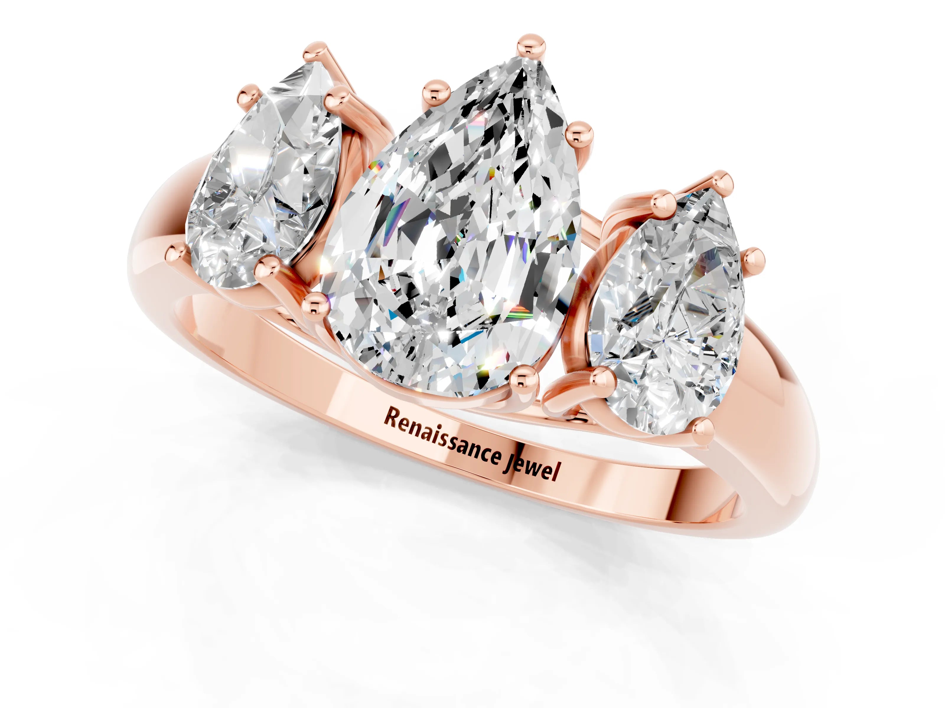 Rose gold Three-Stone Pear Cut Moissanite Engagement Ring with Prong Setting_1