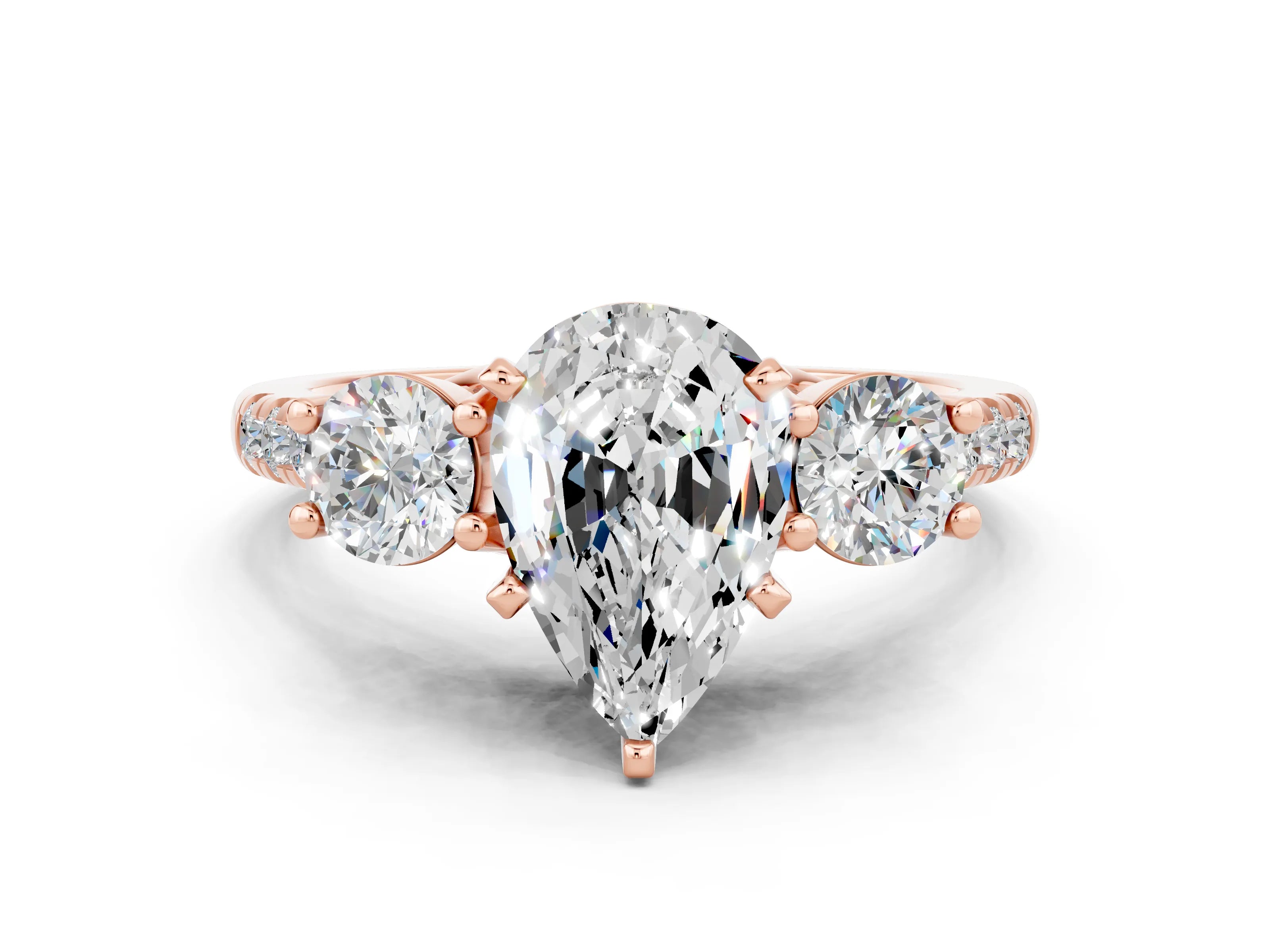 Rose gold Three-Stone Pear Cut Moissanite Pavé Band with Four-Prong Setting