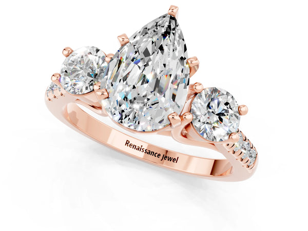 Rose gold Three-Stone Pear Cut Moissanite Pavé Band with Four-Prong Setting