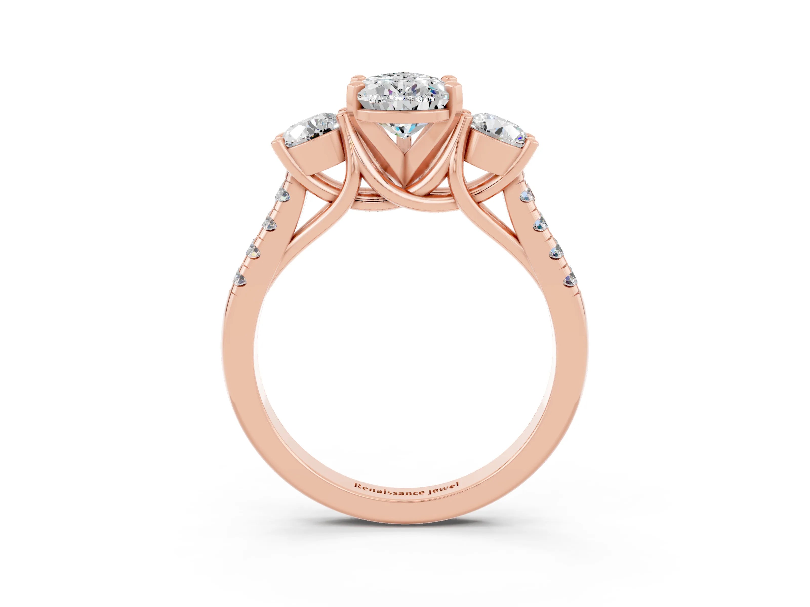 Rose gold Three-Stone Pear Cut Moissanite Pavé Band with Four-Prong Setting_3