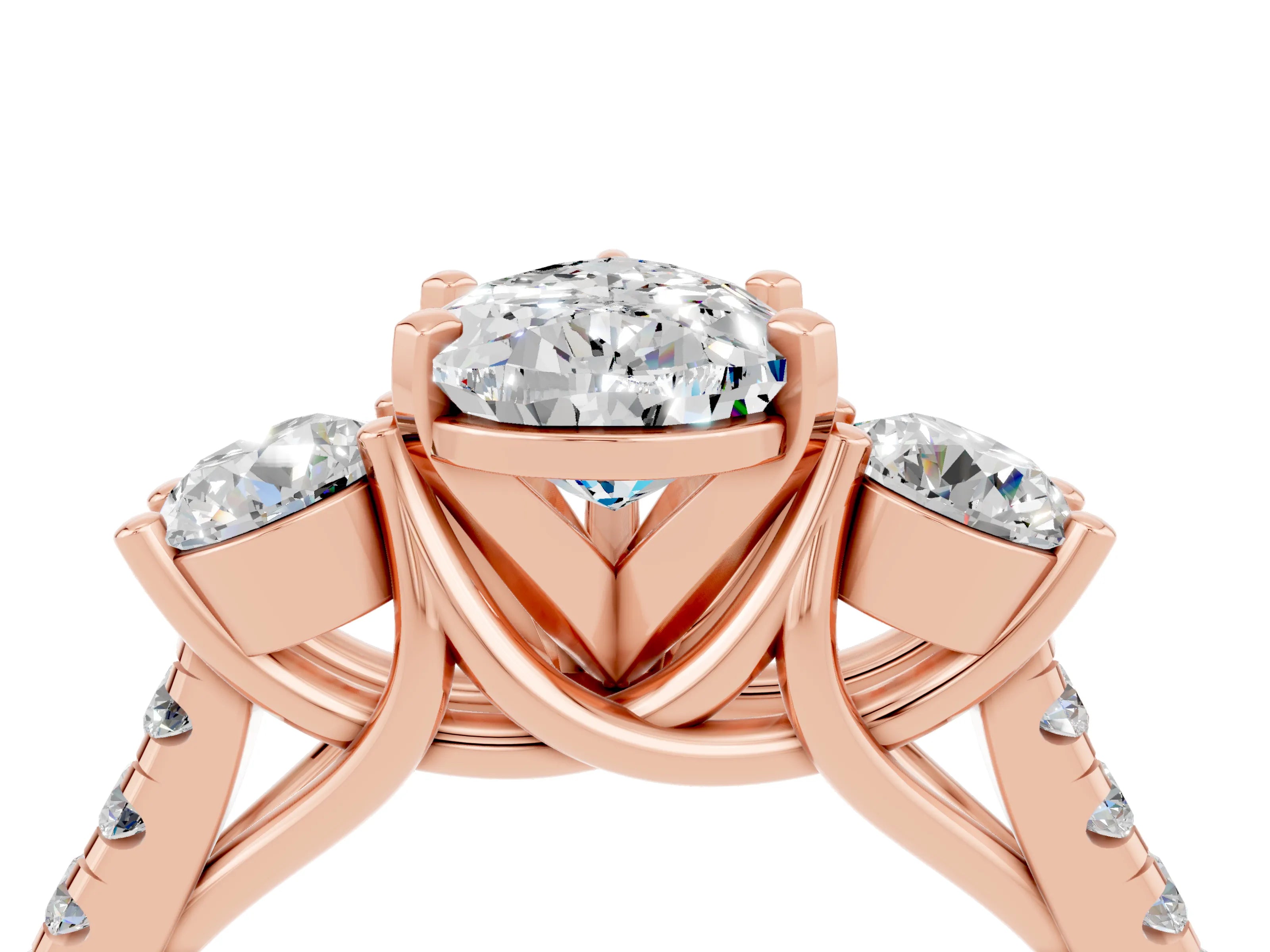 Rose gold Three-Stone Pear Cut Moissanite Pavé Band with Four-Prong Setting_4