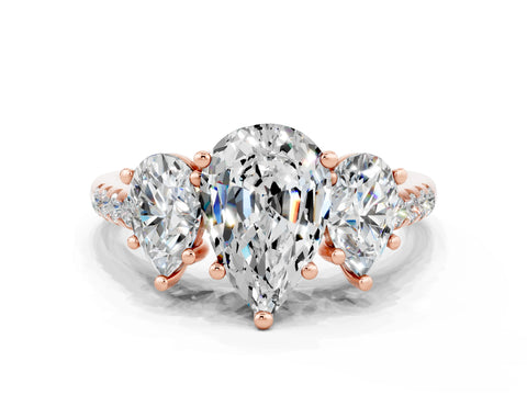 Rose gold Three-Stone Pear Cut Moissanite Ring with Pavé Band and Prong Setting_12