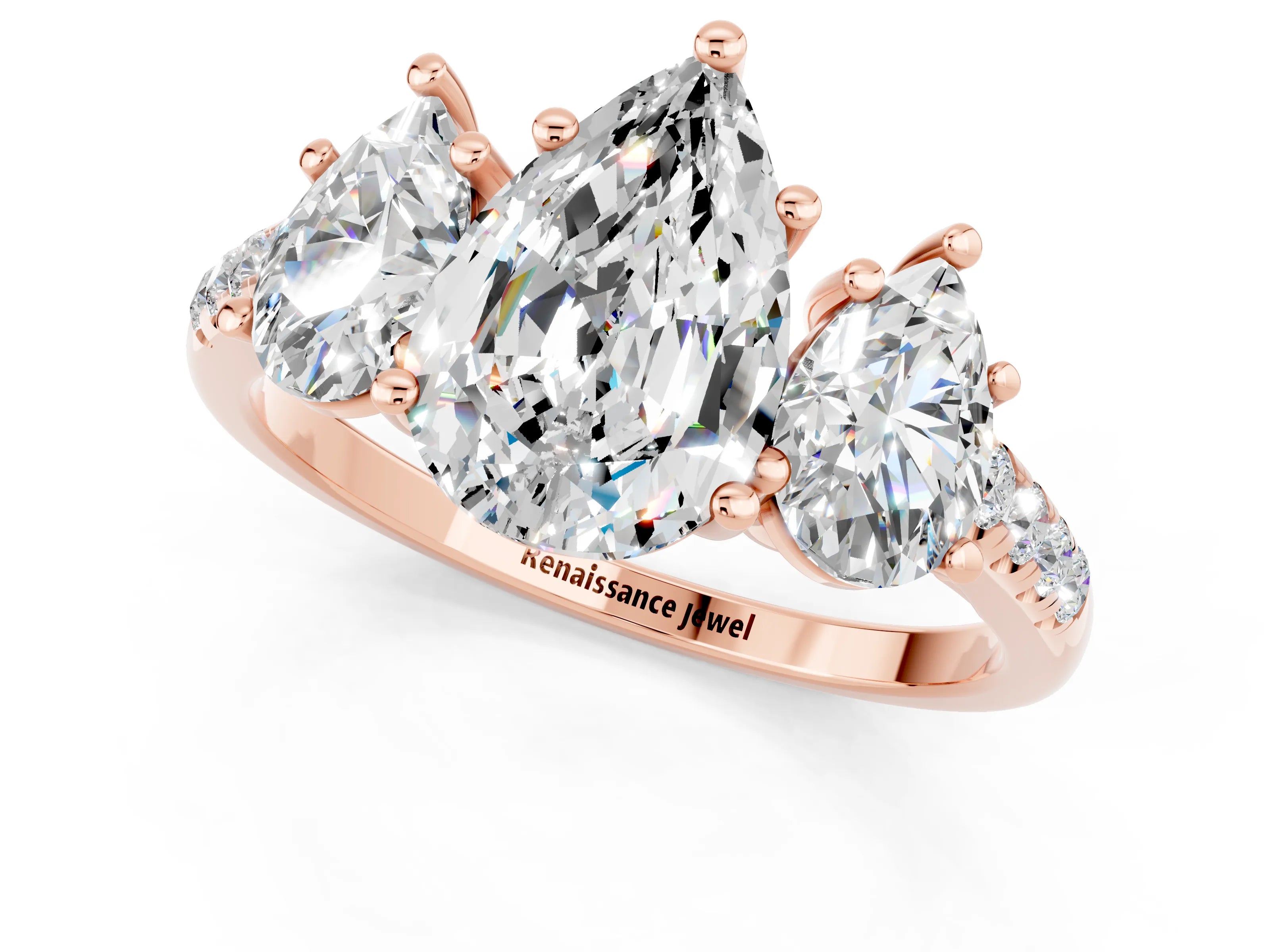 Rose gold Three-Stone Pear Cut Moissanite Ring with Pavé Band and Prong Setting_13