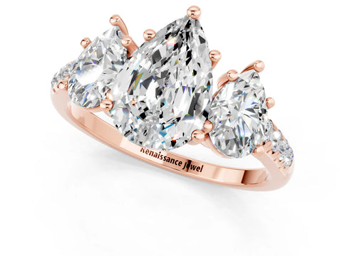 Rose gold Three-Stone Pear Cut Moissanite Ring with Pavé Band and Prong Setting_13