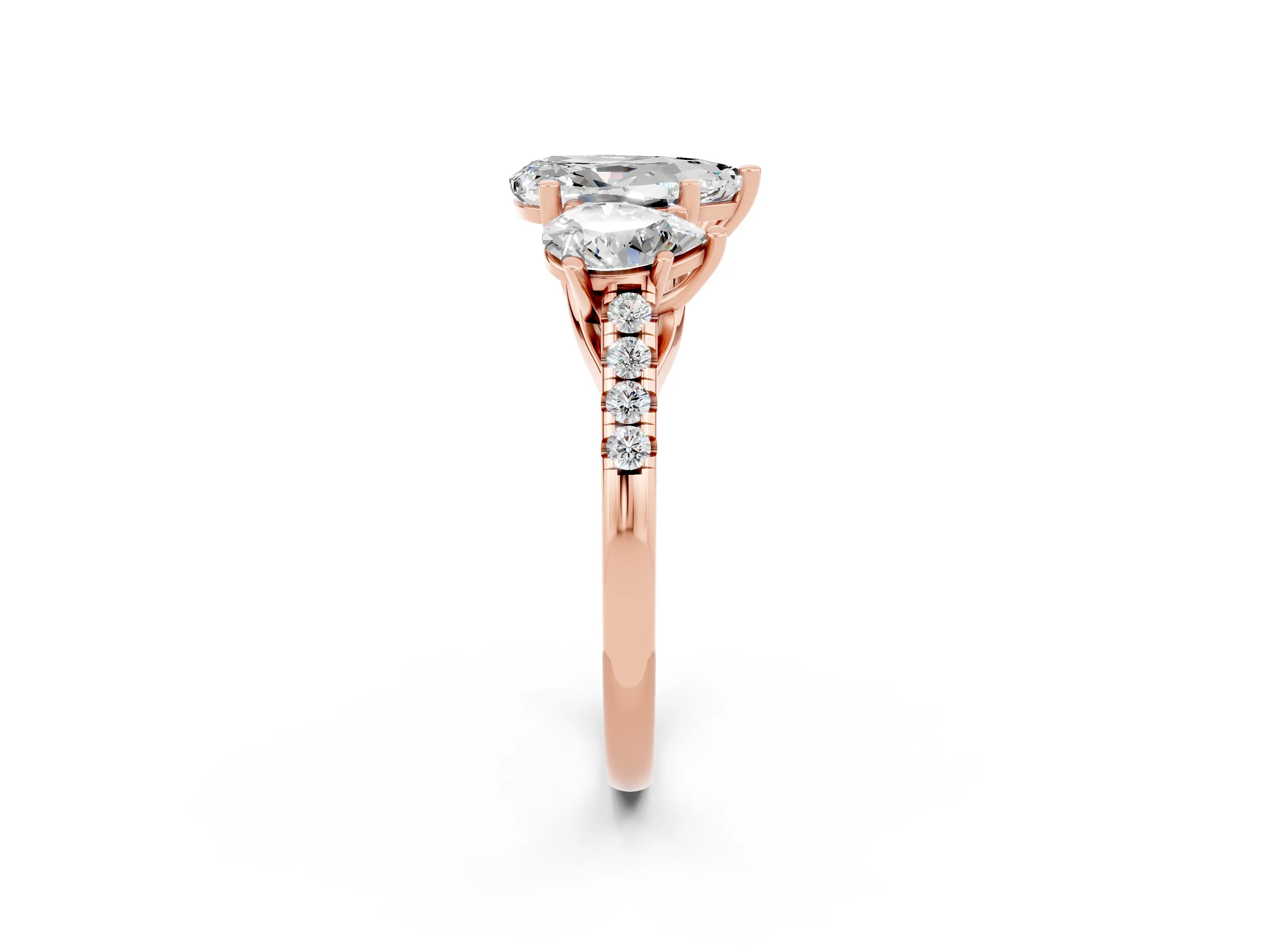Rose gold Three-Stone Pear Cut Moissanite Ring with Pavé Band and Prong Setting_14