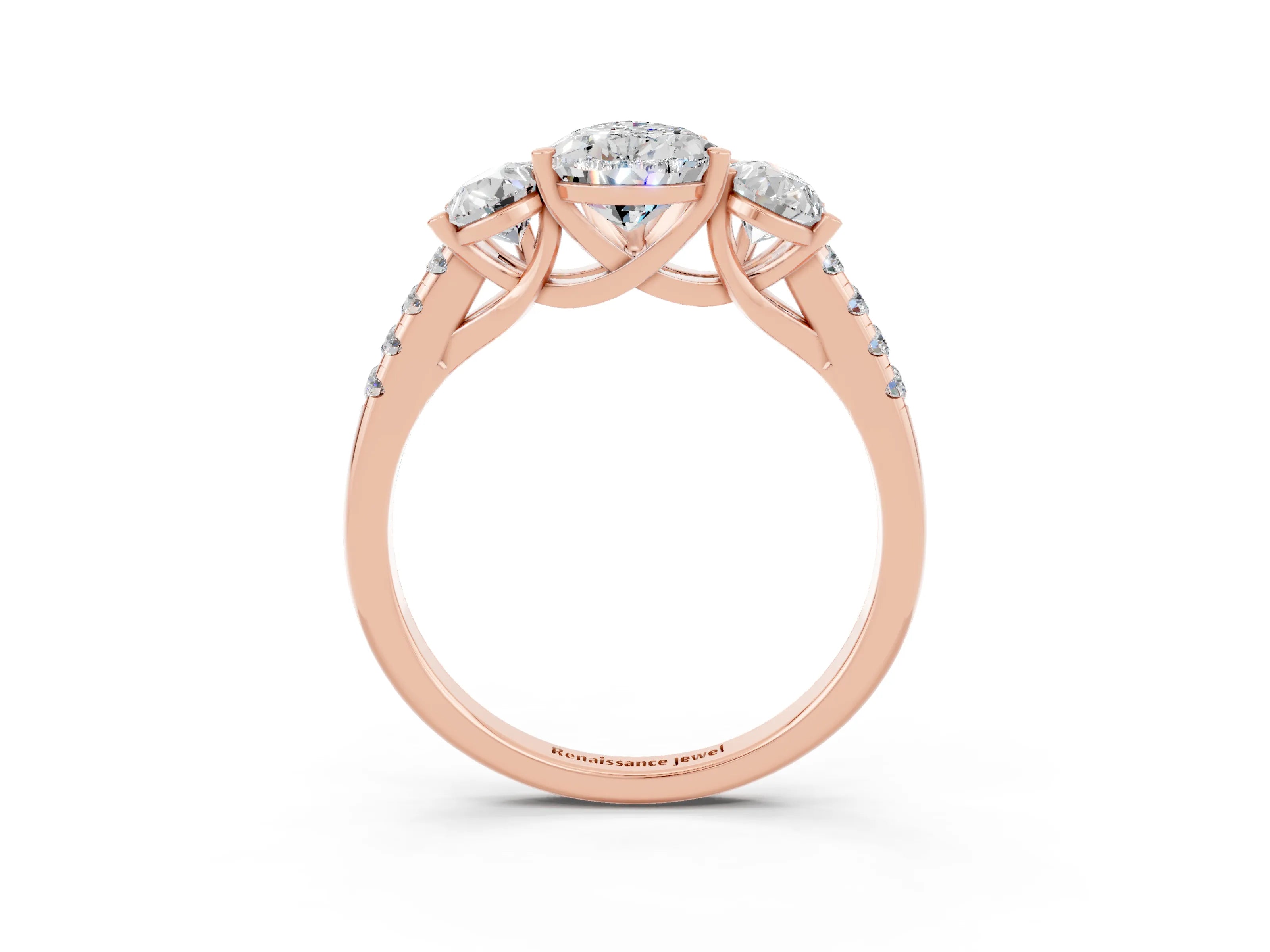 Rose gold Three-Stone Pear Cut Moissanite Ring with Pavé Band and Prong Setting_15