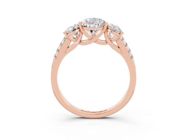 Rose gold Three-Stone Pear Cut Moissanite Ring with Round  Pavé Band and Prong Setting