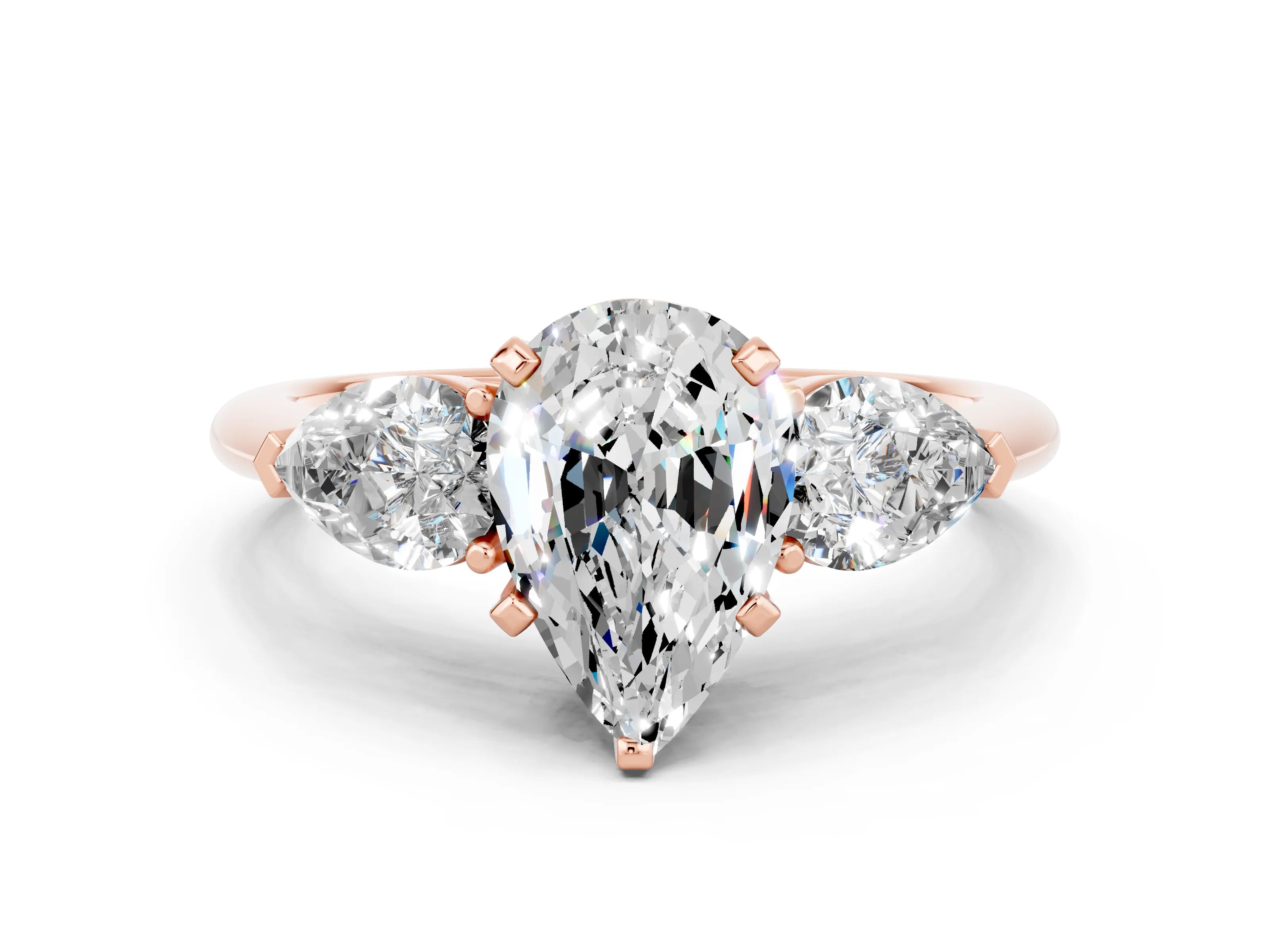 Rose gold Three-Stone Pear Cut Moissanite Ring with Pear Side Stones and Four-Prong Setting