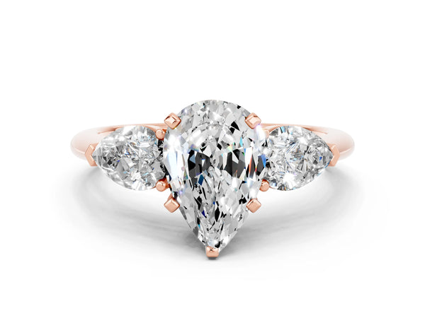 Rose gold Three-Stone Pear Cut Moissanite Ring with Pear Side Stones and Four-Prong Setting