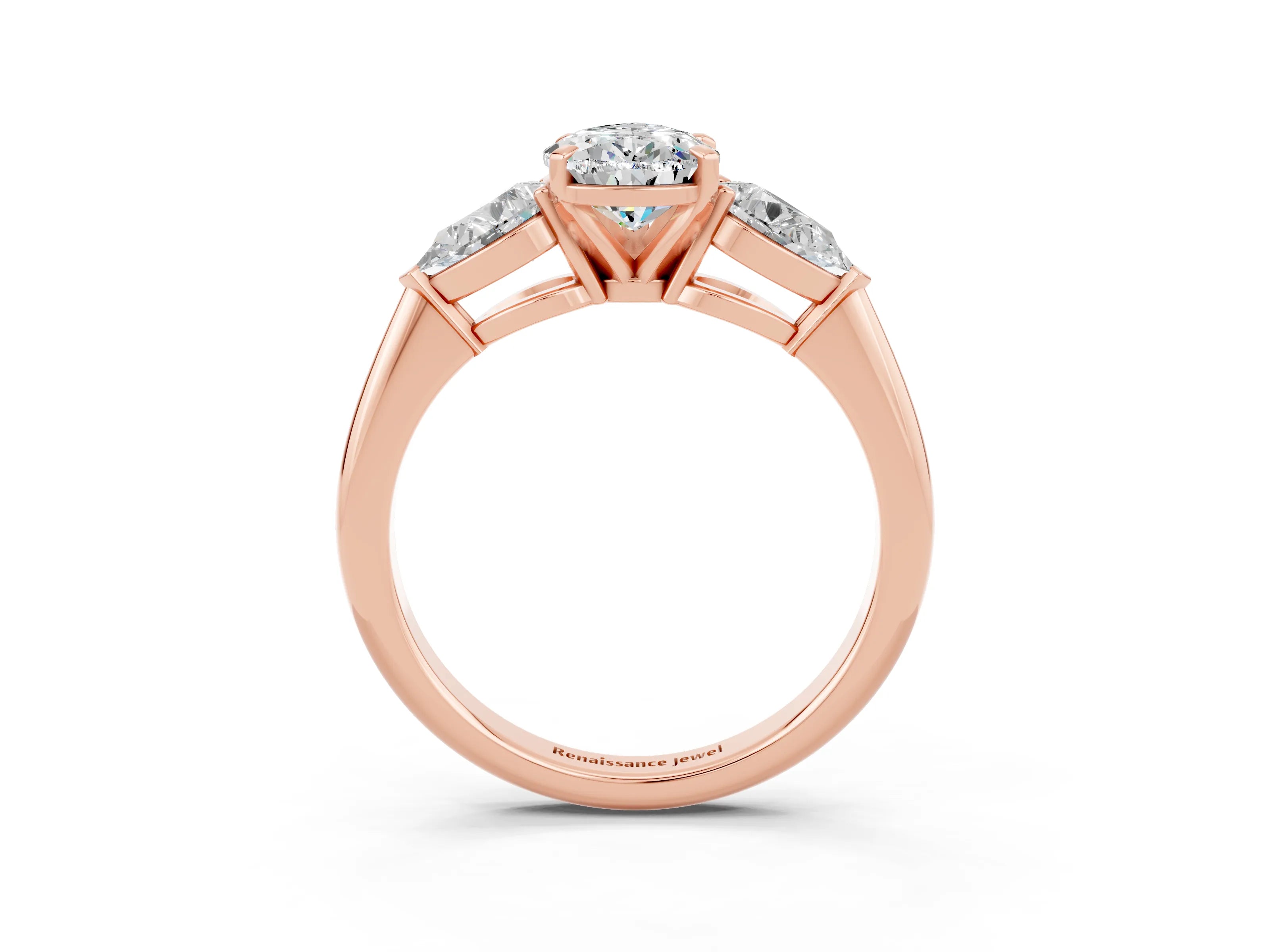 Rose gold Three-Stone Pear Cut Moissanite Ring with Pear Side Stones and Four-Prong Setting_3