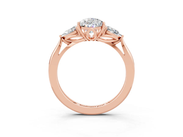 Rose gold Three-Stone Pear Cut Moissanite Ring with Pear  Side Stones in Four-Prong Setting