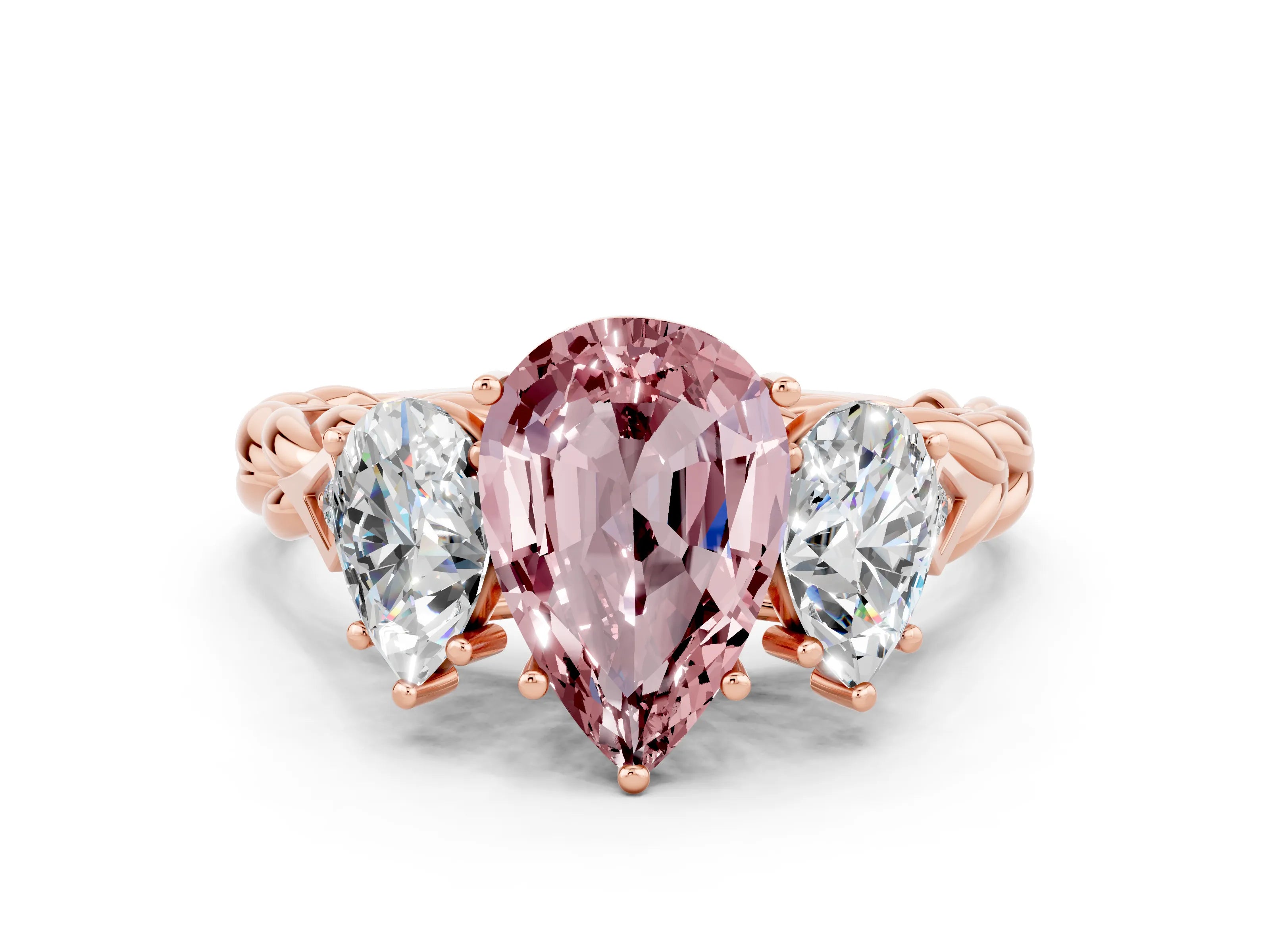 Rose gold Three-Stone Pear Cut Morganite Braided Band Ring with Four-Prong Setting_12