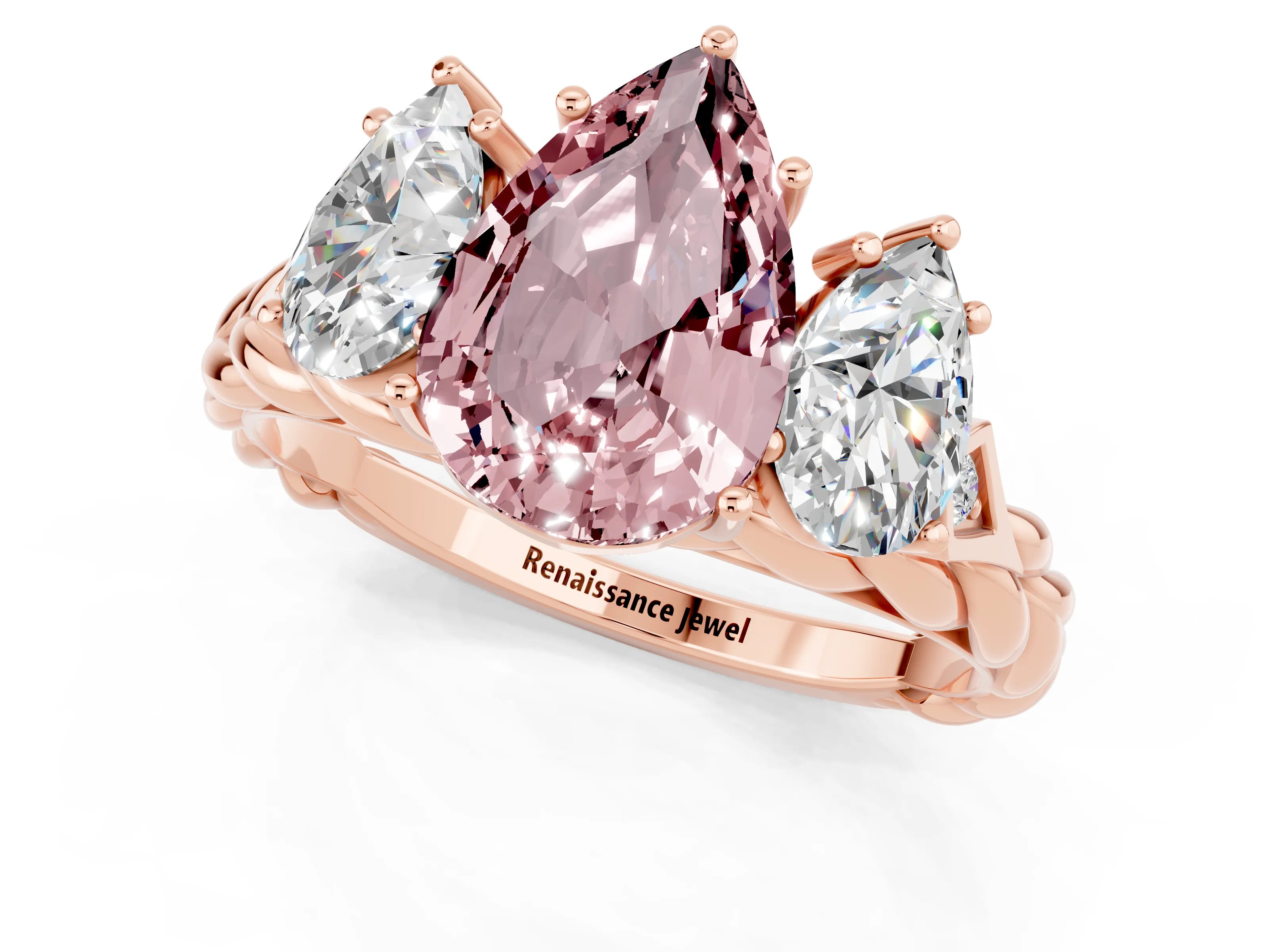 Rose gold Three-Stone Pear Cut Morganite Braided Band Ring with Four-Prong Setting_13