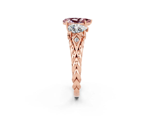 Rose gold Three-Stone Pear Cut Morganite Braided Band Ring with Four-Prong Setting
