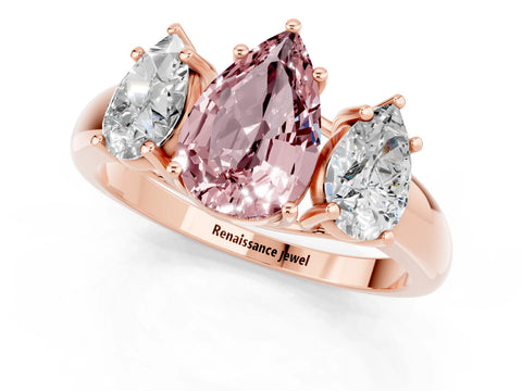 Rose gold Three-Stone Pear Cut Morganite Engagement Ring with Prong Setting_1