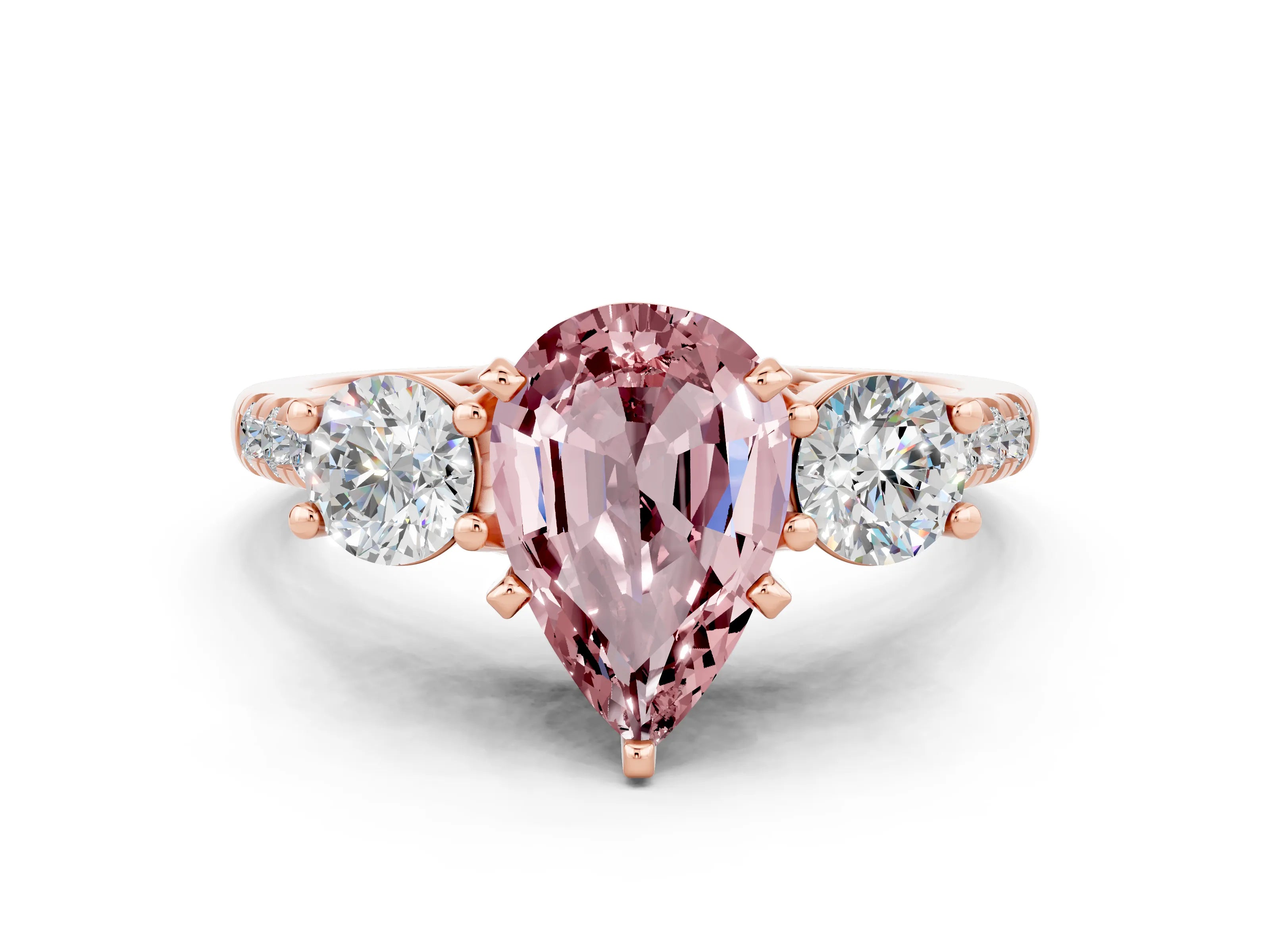 Rose gold Three-Stone Pear Cut Morganite Pavé Band with Four-Prong Setting