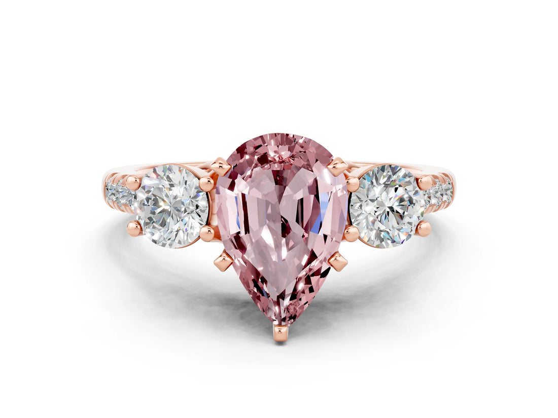 Rose gold Three-Stone Pear Cut Morganite Pavé Band with Four-Prong Setting