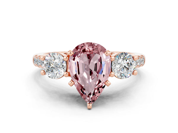 Rose gold Three-Stone Pear Cut Morganite Pavé Band with Four-Prong Setting