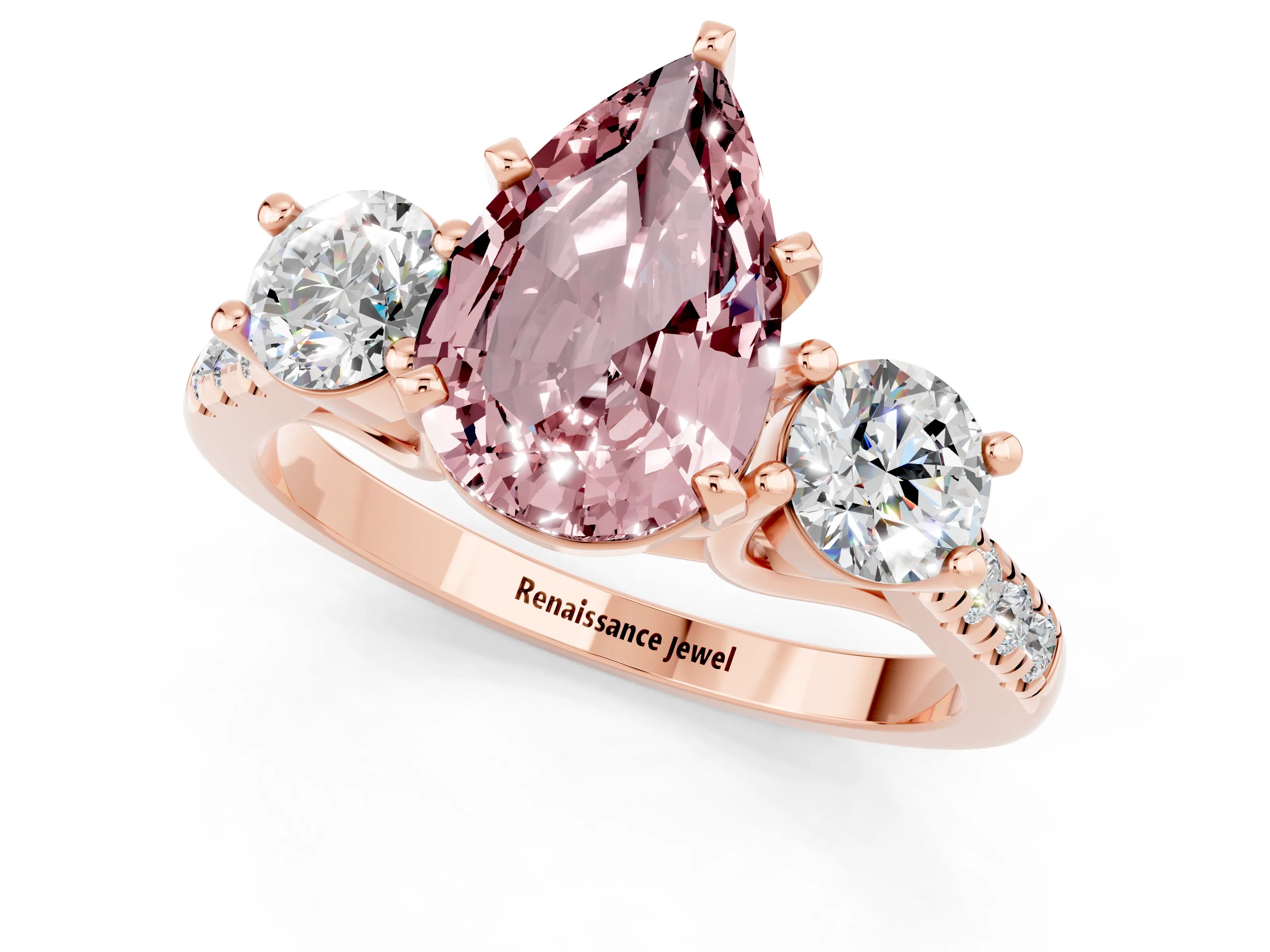 Rose gold Three-Stone Pear Cut Morganite Pavé Band with Four-Prong Setting_1