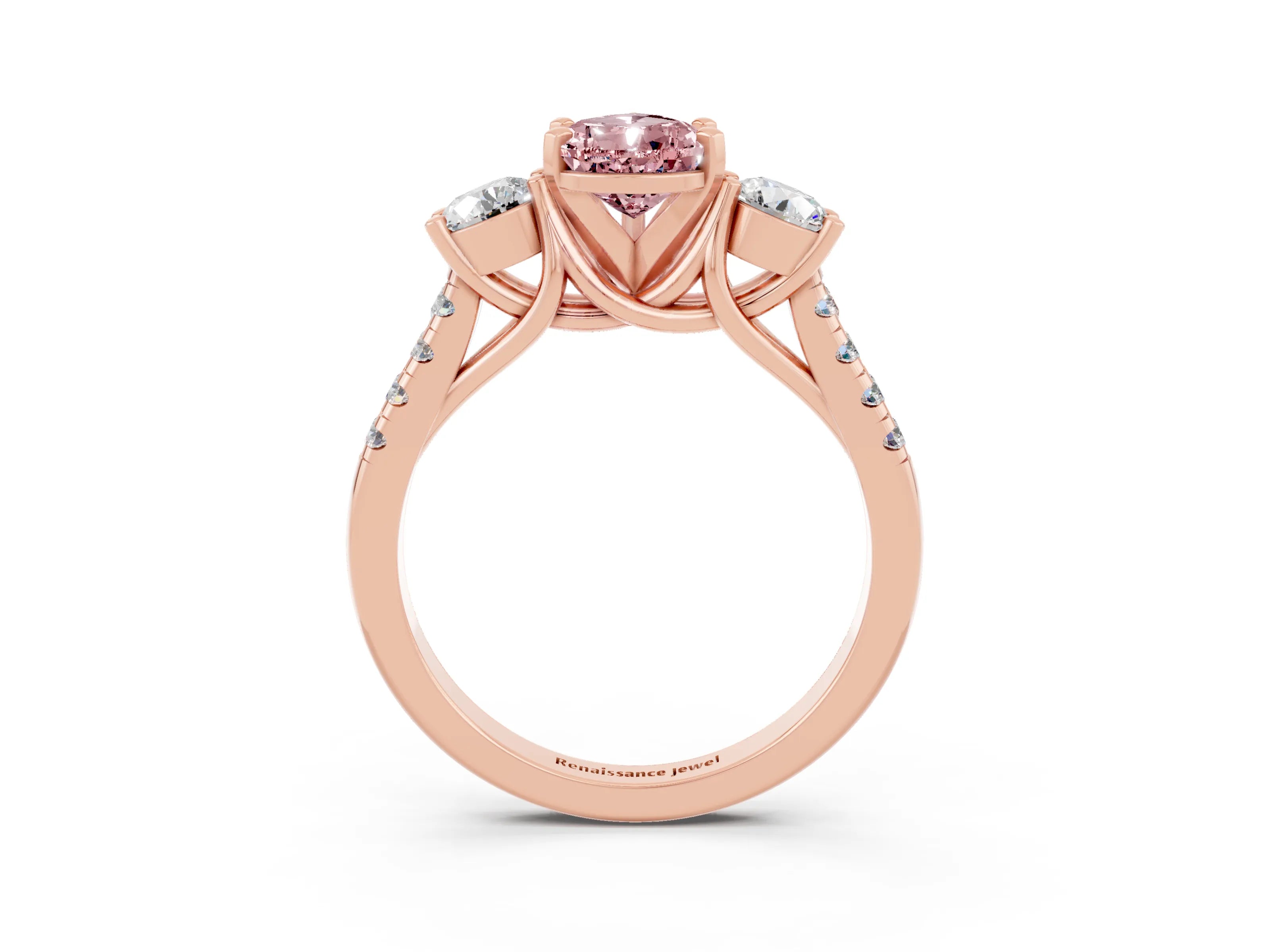 Rose gold Three-Stone Pear Cut Morganite Pavé Band with Four-Prong Setting_3