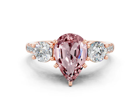 Rose gold Three-Stone Pear Cut Morganite Pavé Band with Four-Prong Setting