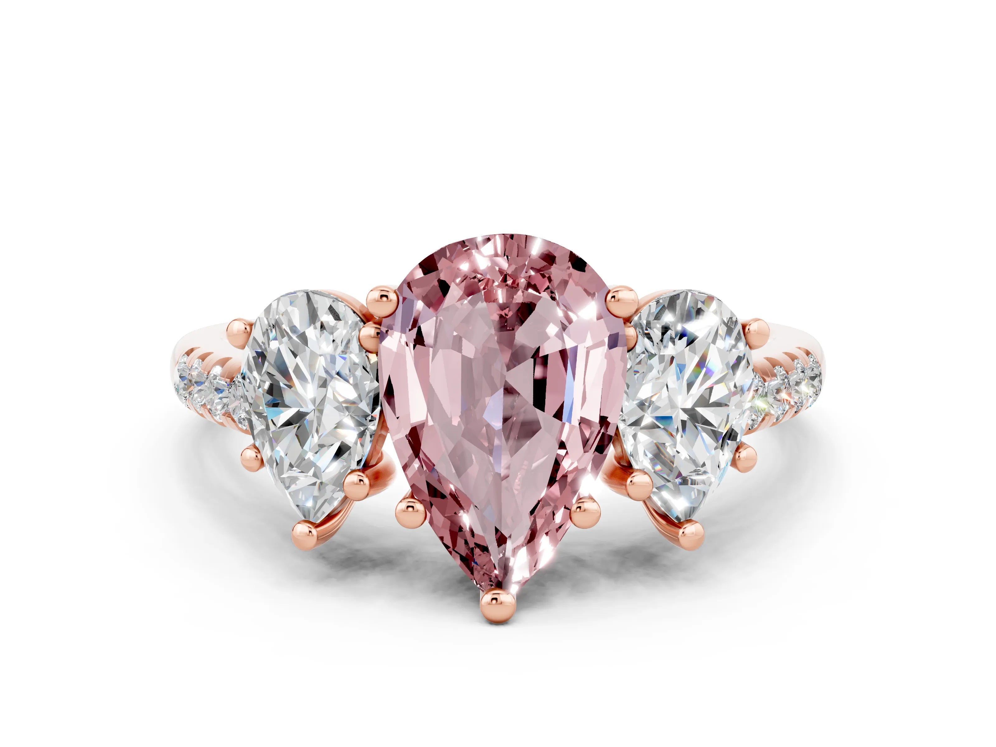 Rose gold Three-Stone Pear Cut Morganite Ring with Pavé Band and Prong Setting_12