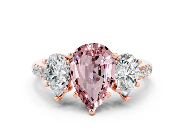 Rose gold Three-Stone Pear Cut Morganite Ring with Round  Pavé Band and Prong Setting