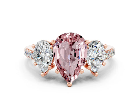 Rose gold Three-Stone Pear Cut Morganite Ring with Pavé Band and Prong Setting_12