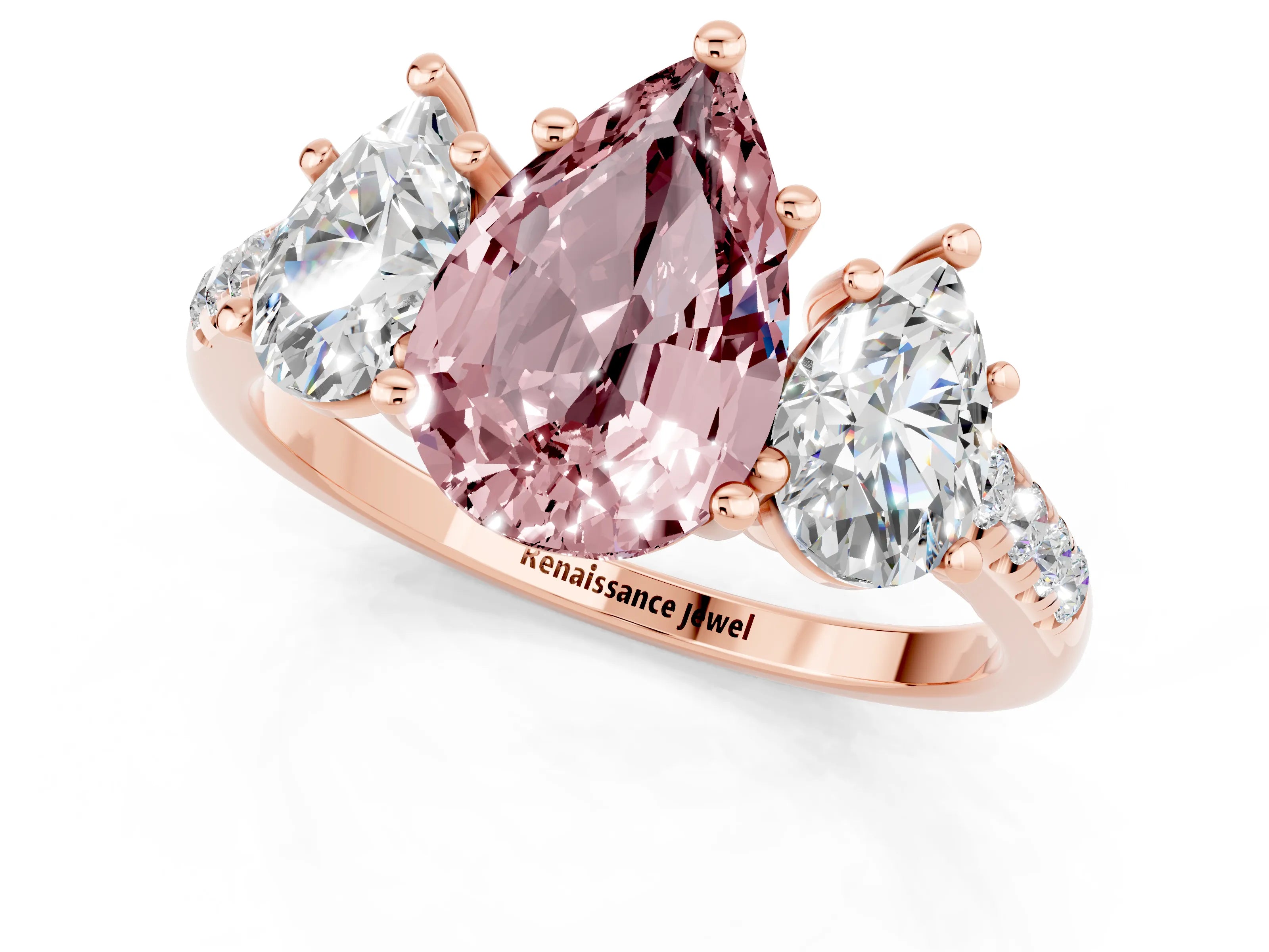 Rose gold Three-Stone Pear Cut Morganite Ring with Pavé Band and Prong Setting_13