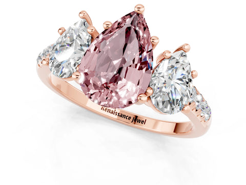 Rose gold Three-Stone Pear Cut Morganite Ring with Pavé Band and Prong Setting_13