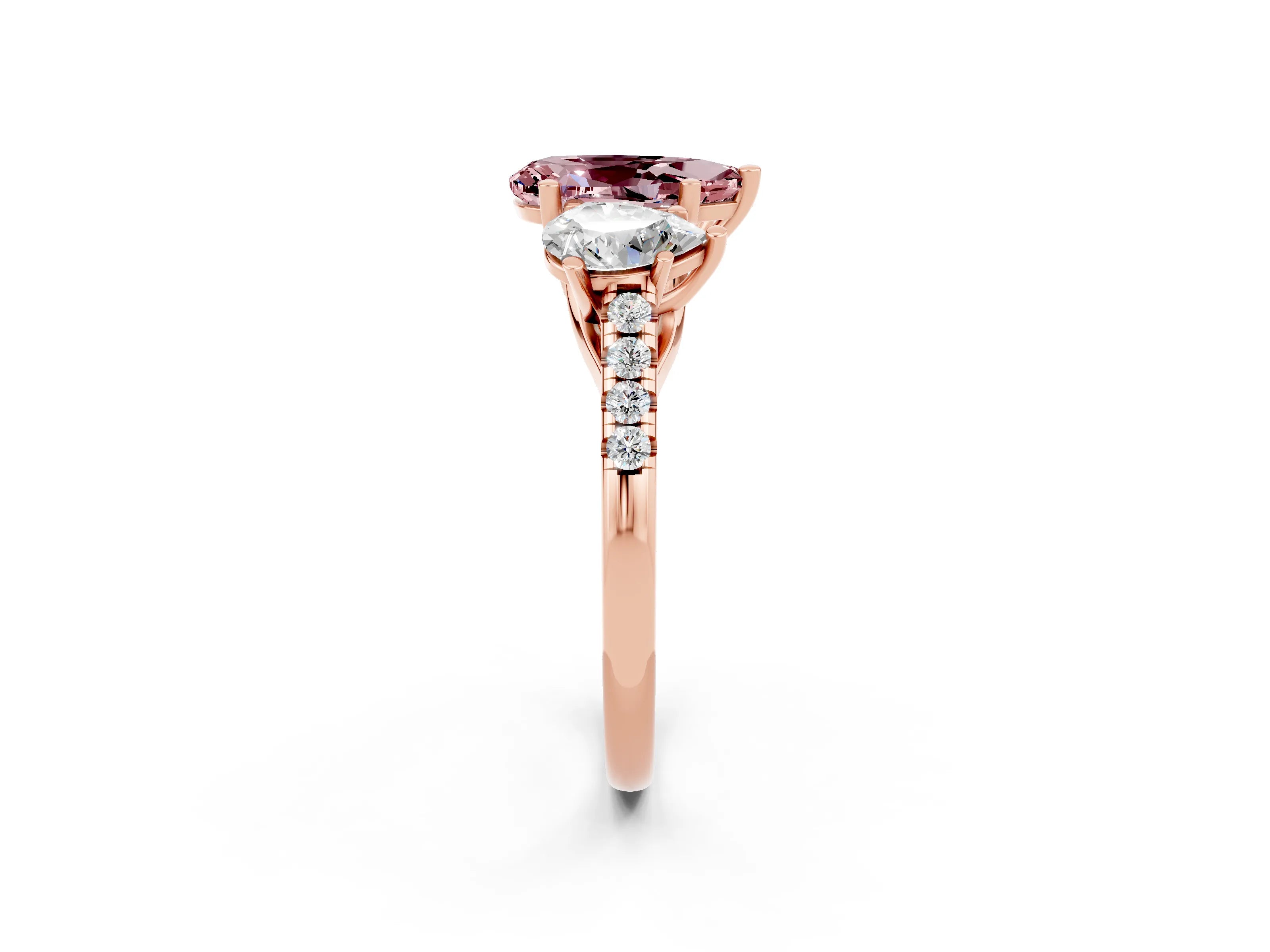 Rose gold Three-Stone Pear Cut Morganite Ring with Pavé Band and Prong Setting_14