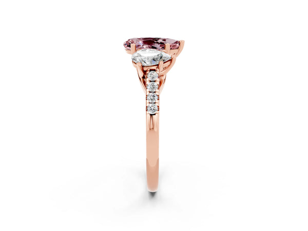 Rose gold Three-Stone Pear Cut Morganite Ring with Round  Pavé Band and Prong Setting