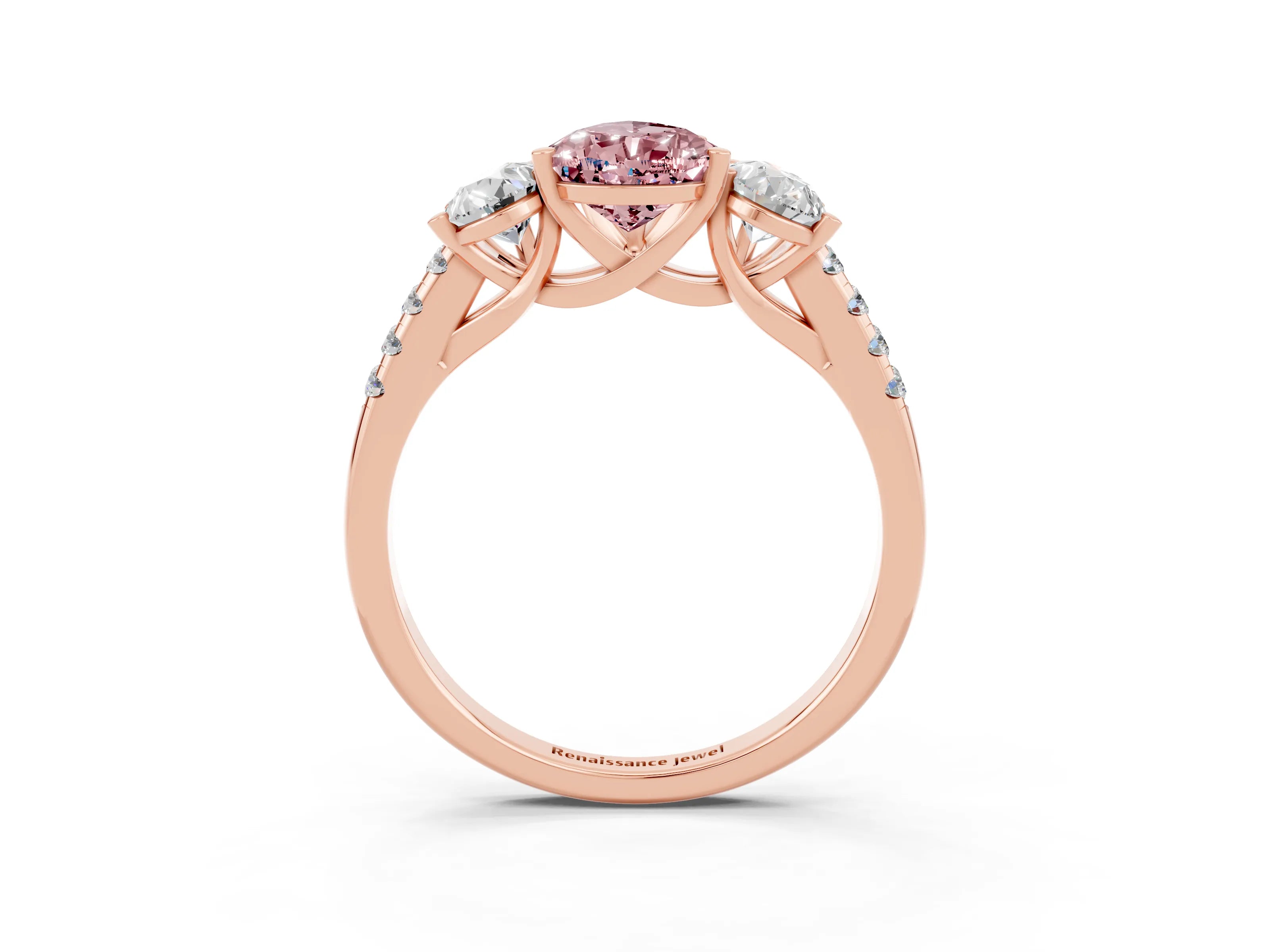 Rose gold Three-Stone Pear Cut Morganite Ring with Pavé Band and Prong Setting_15